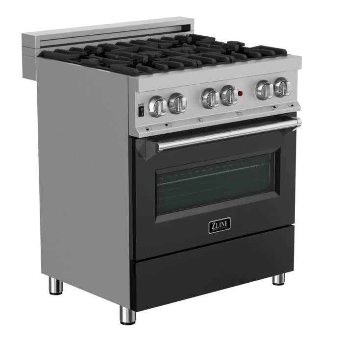 ZLINE 30 in. Professional Gas Burner/Electric Oven in DuraSnow® Stainless with Black Matte Door,
