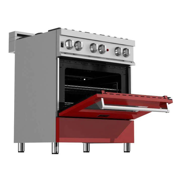 ZLINE 30 in. Professional Gas Burner/Electric Oven in DuraSnow® Stainless with Red Gloss Door