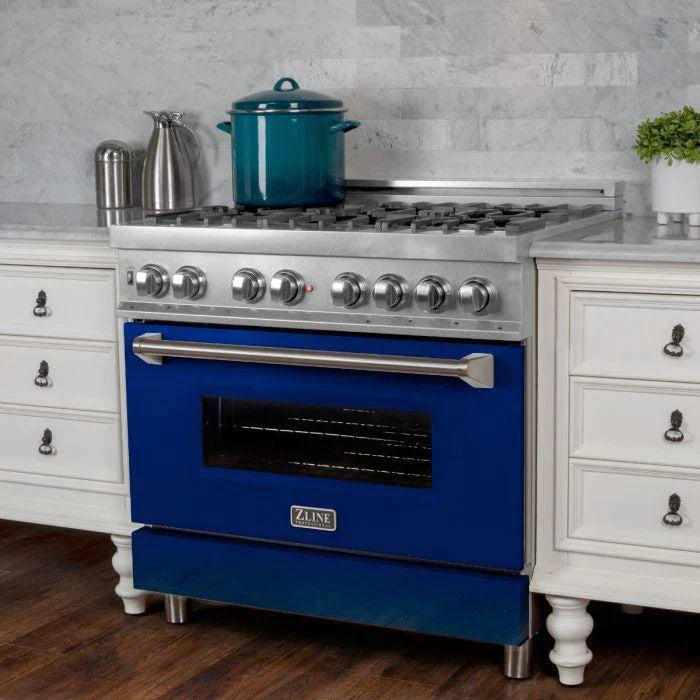 ZLINE 36 in. Professional Gas Burner/Electric Oven in DuraSnow® Stainless with Blue Gloss Door