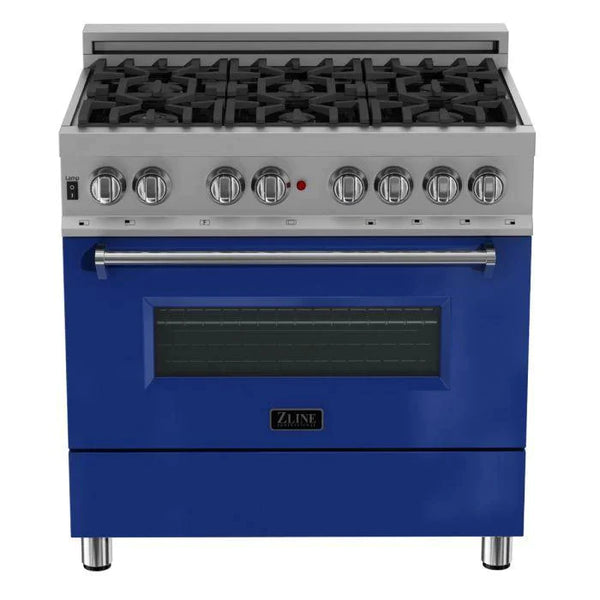 ZLINE 36 in. Professional Gas Burner/Electric Oven in DuraSnow® Stainless with Blue Gloss Door 1