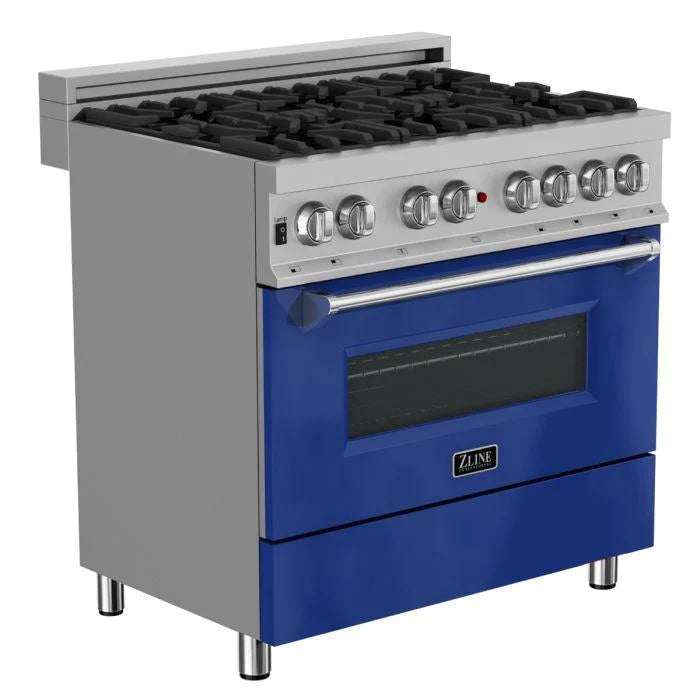 ZLINE 36 in. Professional Gas Burner/Electric Oven in DuraSnow® Stainless with Blue Gloss Door
