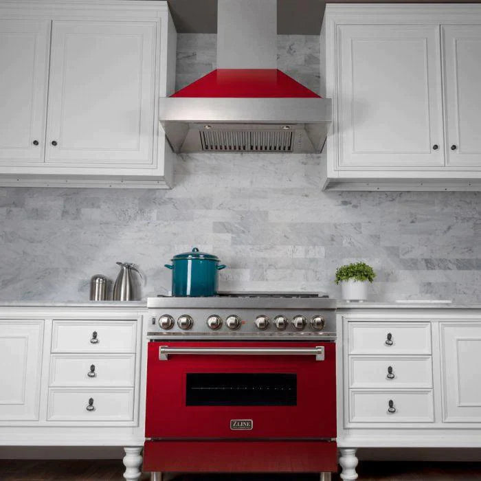 ZLINE 36 in. Professional Gas Burner/Electric Oven in DuraSnow® Stainless with Red Gloss Door