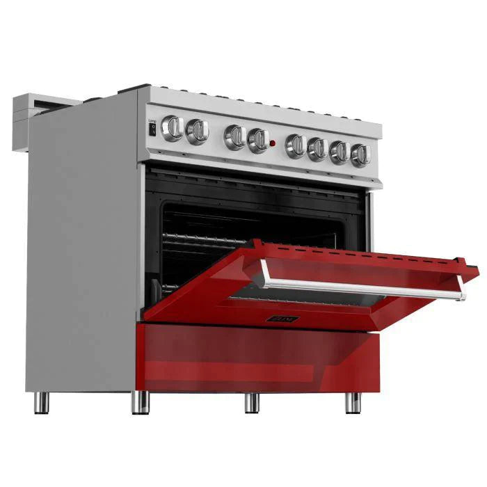 ZLINE 36 in. Professional Gas Burner/Electric Oven in DuraSnow® Stainless with Red Gloss Door