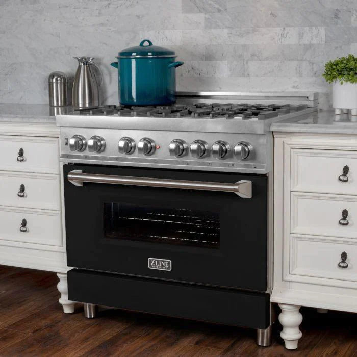 ZLINE 36 in. Professional Gas Burner/Electric Oven in DuraSnow® Stainless with Black Matte Door
