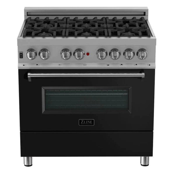 ZLINE 36 in. Professional Gas Burner/Electric Oven in DuraSnow® Stainless with Black Matte Door 1
