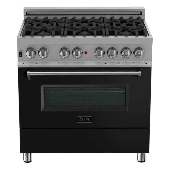 ZLINE 36 in. Professional Gas Burner/Electric Oven in DuraSnow® Stainless with Black Matte Door