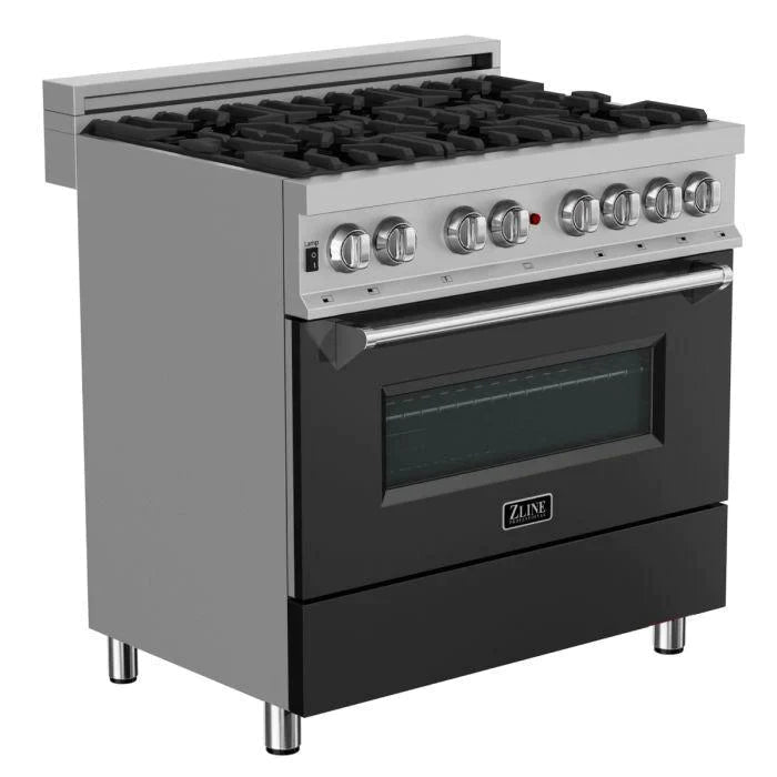 ZLINE 36 in. Professional Gas Burner/Electric Oven in DuraSnow® Stainless with Black Matte Door