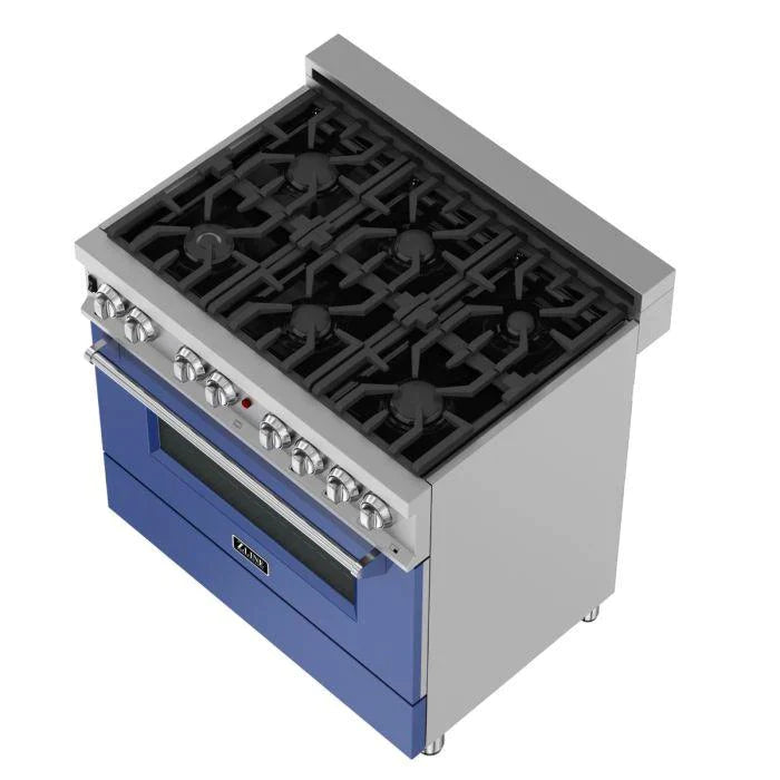 ZLINE 36 in. Professional Gas Burner/Electric Oven in DuraSnow® Stainless with Blue Gloss Door