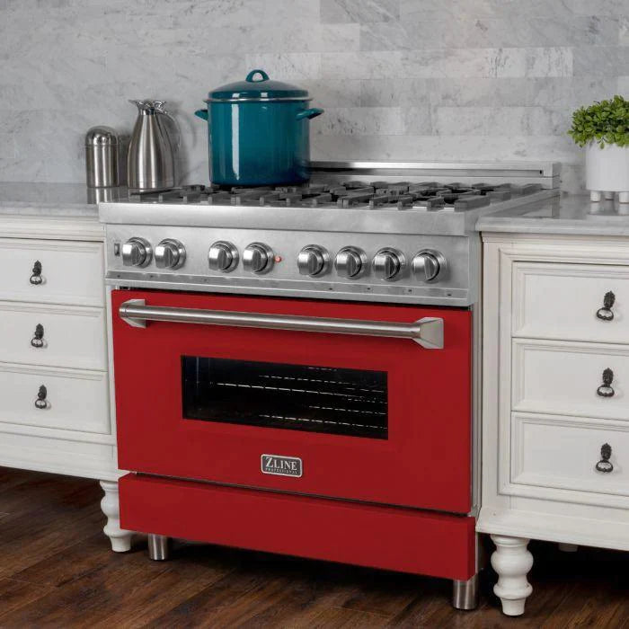 ZLINE 36 in. Professional Gas Burner/Electric Oven in DuraSnow® Stainless with Red Matte Door