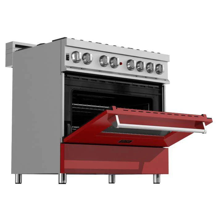 ZLINE 36 in. Professional Gas Burner/Electric Oven in DuraSnow® Stainless with Red Matte Door